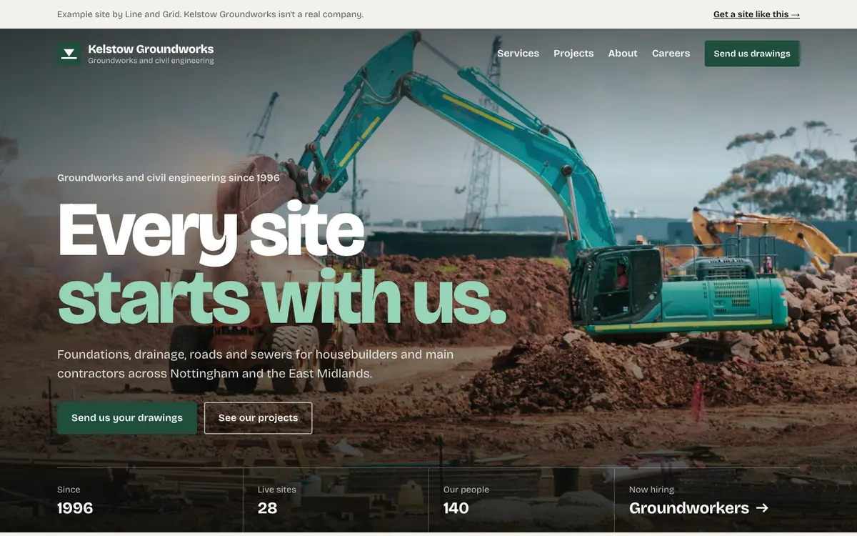The Datum template: a groundworks contractor's homepage, with a large headline over a full-height photo of an excavator loading a dumper