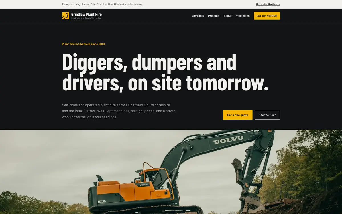 The Elevation template: a plant hire firm's homepage, dark, with a large headline over a wide photo of an excavator
