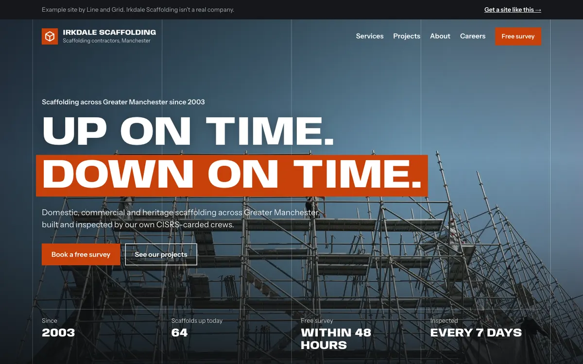 The Isometric template: a scaffolding firm's homepage, with a wide headline over a full-height photo of scaffolders on a tall scaffold