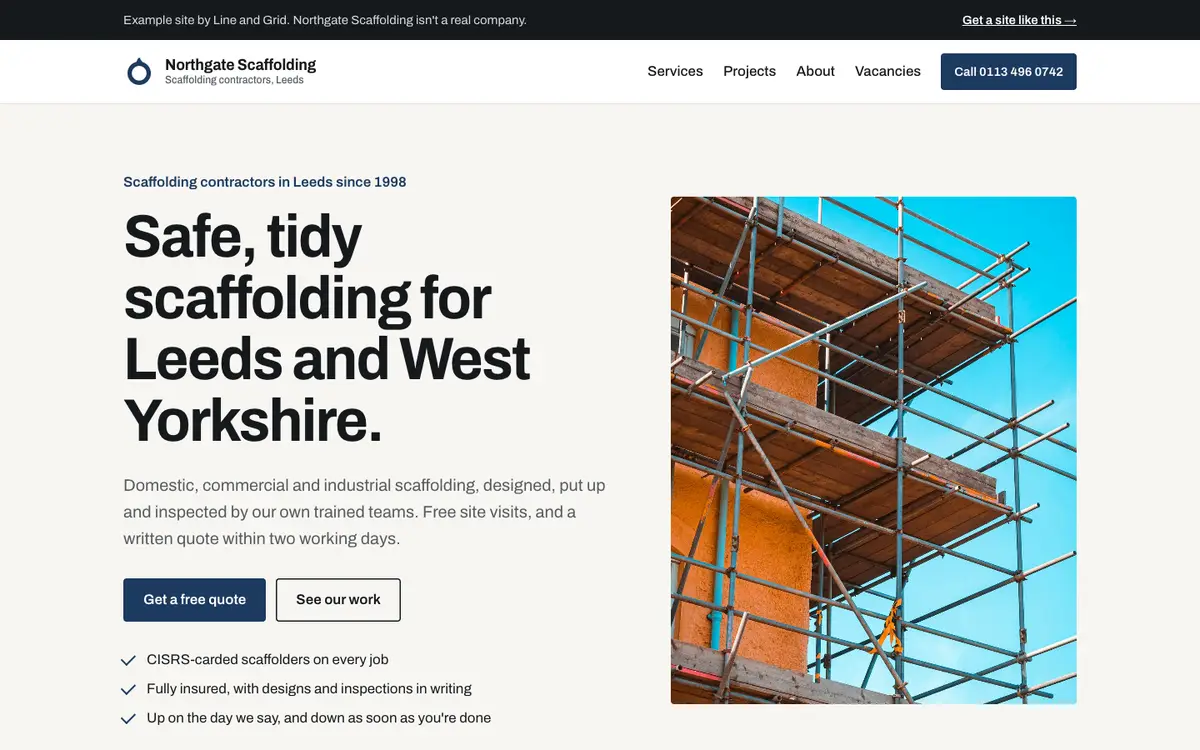 The Plan template: a scaffolding firm's homepage, with a large photo beside the heading