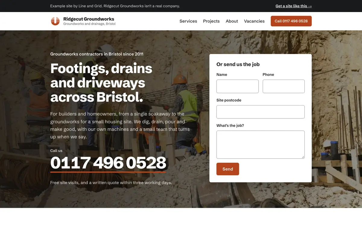 The Section template: a groundworks firm's homepage, with a large phone number and a quote form over a photo of a groundworks crew
